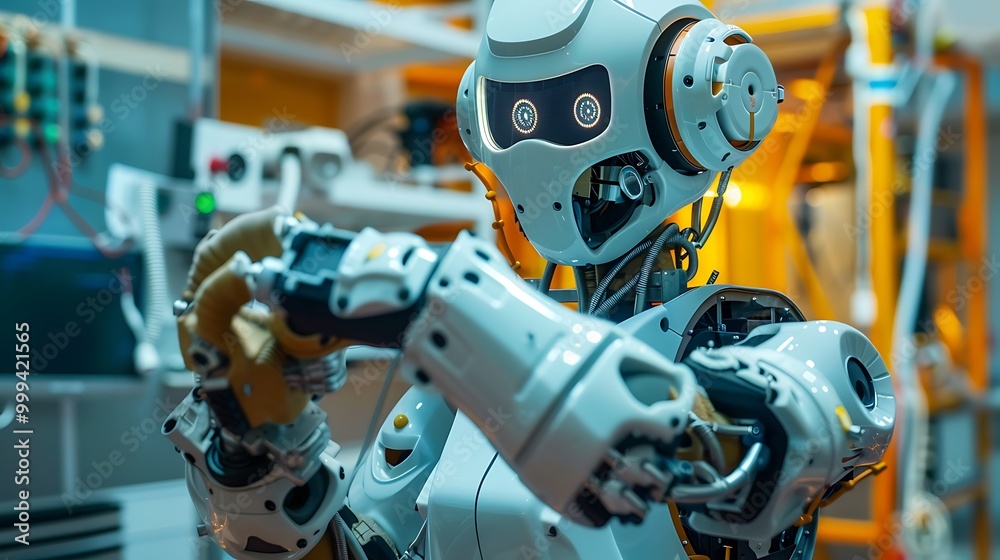 Self-repairing robot performing maintenance on a high-tech facility Self-repairing robot performing maintenance on a high-tech facility