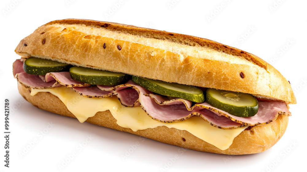 A single whole sub sandwich with ham cheese and pickles isolated on white background, clipart A single whole sub sandwich with ham cheese and pickles isolated on white background, clipart