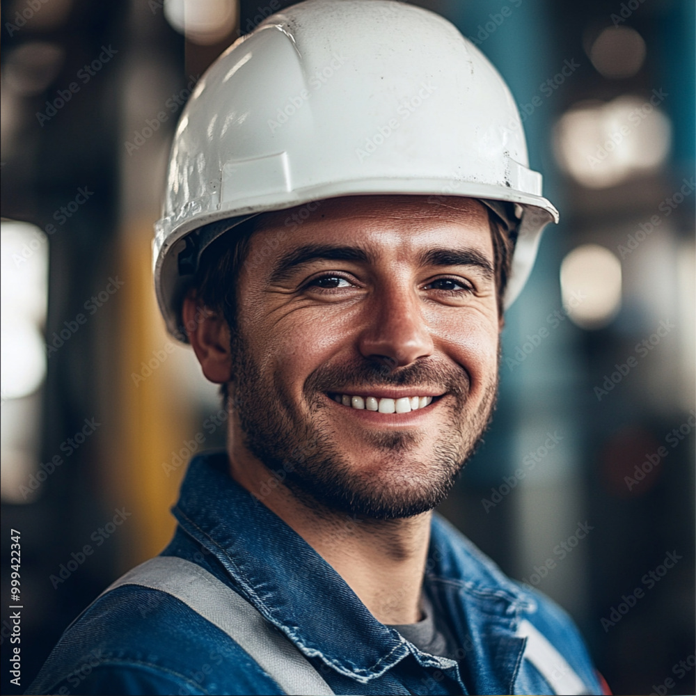 A close-up portrait of a smiling factory worker in a white helmet, denim work uniform, industrial background, soft natural lighting highlighting the subject's face, professional and friendly expressio A close-up portrait of a smiling factory worker in a white helmet, denim work uniform, industrial background, soft natural lighting highlighting the subject's face, professional and friendly expressio