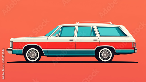 vintage station wagon with retro design, featuring bold colors and classic shape, set against vibrant orange background. This illustration captures essence of nostalgia and automotive history. 