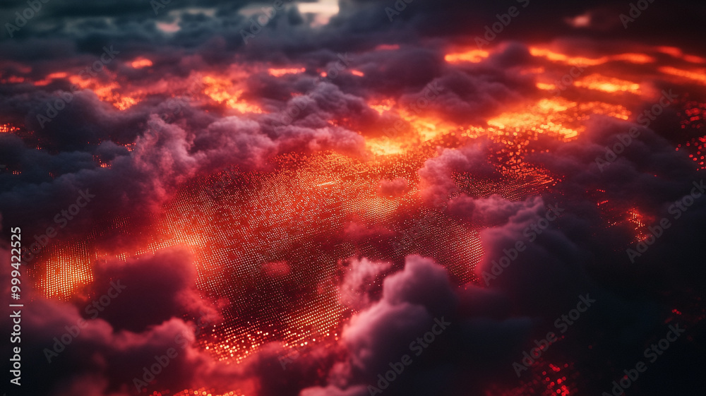 Aerial view of glowing lava flow beneath swirling clouds at twilight Aerial view of glowing lava flow beneath swirling clouds at twilight