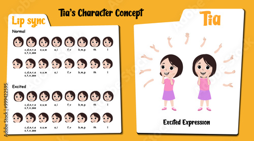 An excited girl cartoon character AKA Tia, little girl cartoon vector. Excited face expressions and lip sync. Set of cute girl with various hand gesture and front and 1/3 standing pose. photo