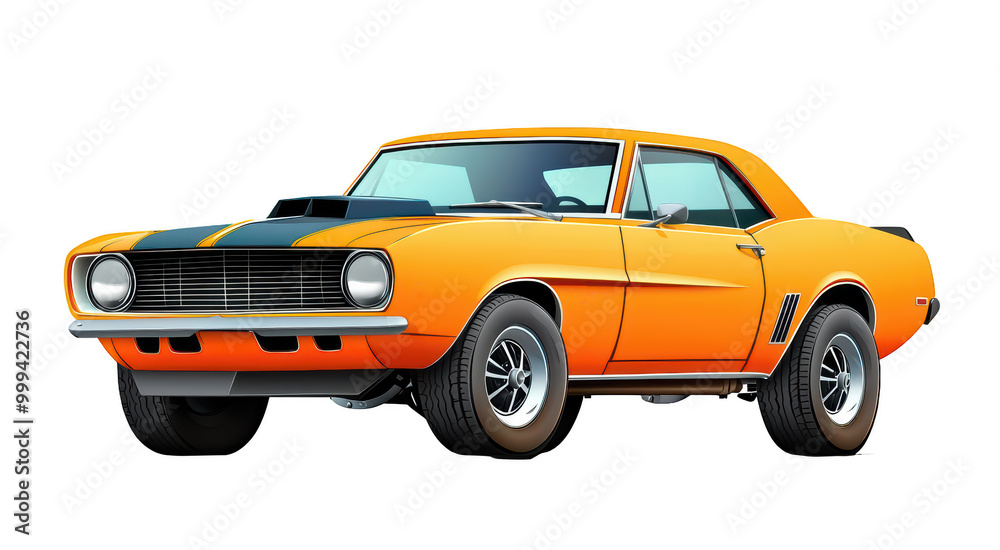 Classic orange muscle car with black stripes, showcasing powerful design and vintage appeal. This iconic vehicle represents speed and style, perfect for car enthusiasts. Classic orange muscle car with black stripes, showcasing powerful design and vintage appeal. This iconic vehicle represents speed and style, perfect for car enthusiasts.
