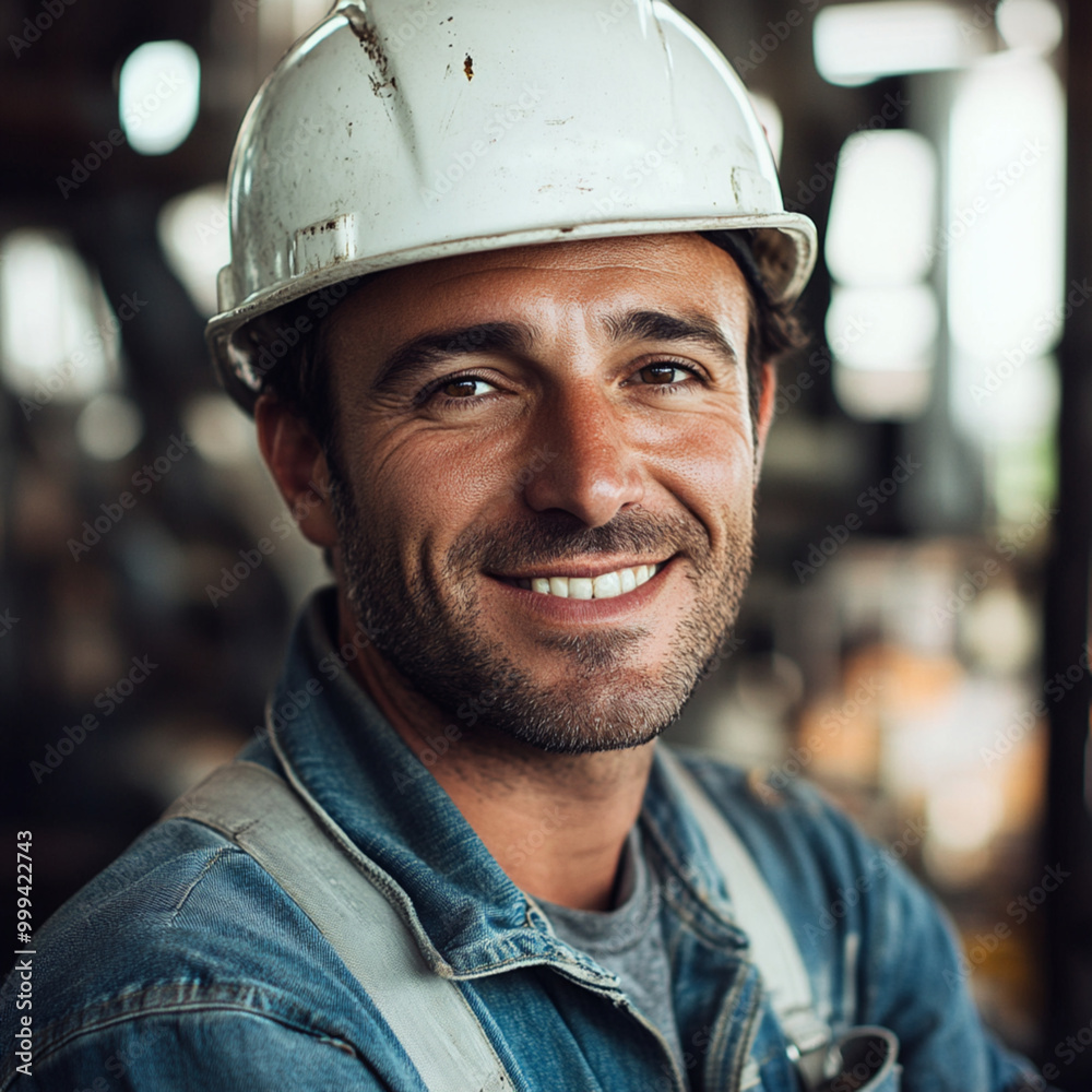 A close-up portrait of a smiling factory worker in a white helmet, denim work uniform, industrial background, soft natural lighting highlighting the subject's face, professional and friendly expressio A close-up portrait of a smiling factory worker in a white helmet, denim work uniform, industrial background, soft natural lighting highlighting the subject's face, professional and friendly expressio