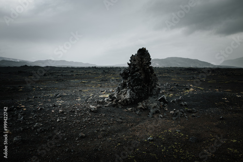 Fototapeta Naklejka Na Ścianę i Meble -   Volcanic landscape with black lava rocks in Hekla, Iceland