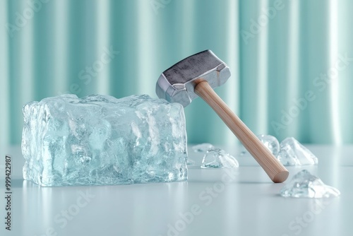 A hammer next to a cold solid block of ice waiting to be used on the smooth white surface, symbolizing potential energy and readiness for action. photo