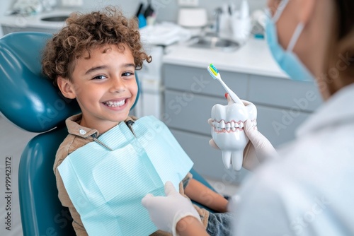 Child smiling in a dental chair, with a dentist explaining brushing techniques using a large toothbrush and dental model, creating a child-friendly atmosphere photo