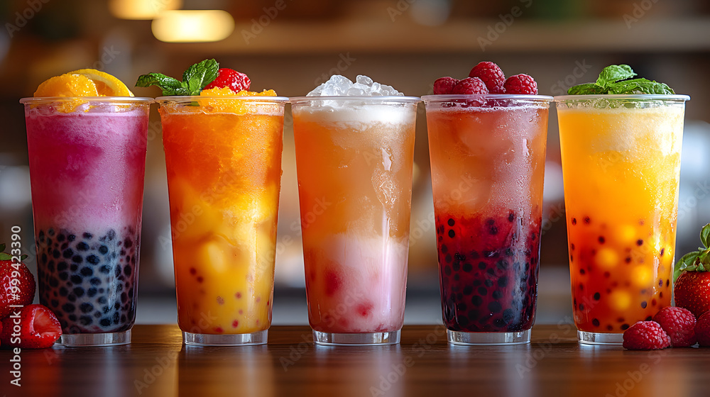 5 Boba Tea Glasses Lined Up on the Table
5 Boba Tea Glasses Lined Up on the Table