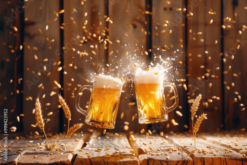Celebration with cheers: two mugs of beer amidst flying wheat grains. AI