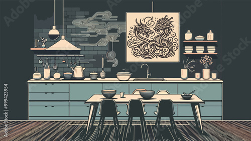 modern kitchen atmosphere with a table in the middle containing Chinese dishes, dragon painting at the top, in a pastel tosca color in a minimal line art illustration style on a dark grey background 