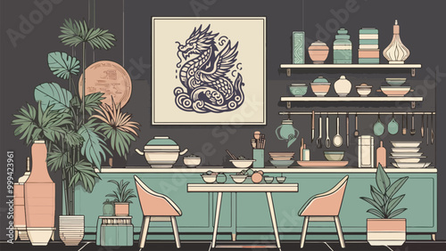 modern kitchen atmosphere with a table in the middle containing Chinese dishes, dragon painting at the top, in a pastel tosca color in a minimal line art illustration style on a dark grey background 