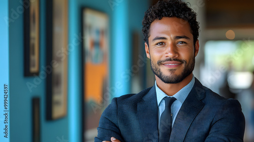 A Handsome Young Man in a Suit Smiling with His Arms Crossed 