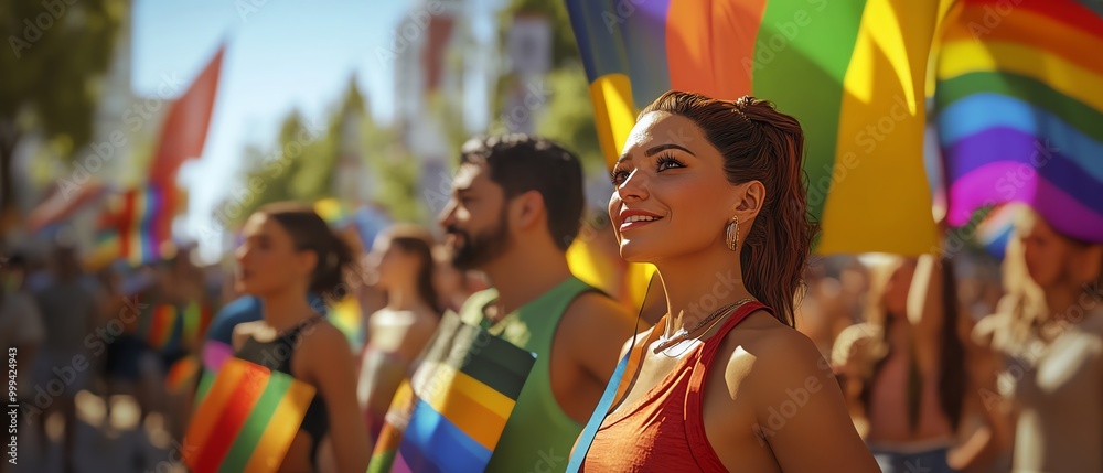 Fototapeta premium People celebrating pride with rainbow flags