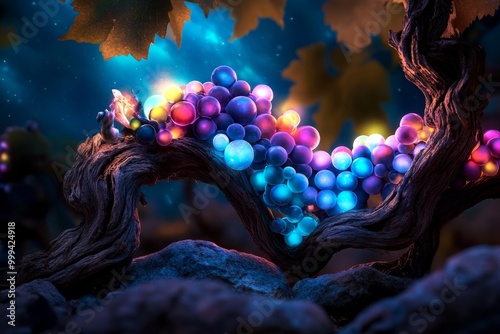 Fantasy vineyard with enchanted grapevines, where the grapes glow in different colors, and magical beings harvest them for an otherworldly wine photo