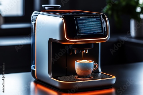 Futuristic coffee maker with holographic controls, where the machine scans the userâ€™s preferences and creates the perfect cup of coffee with glowing digital screens photo