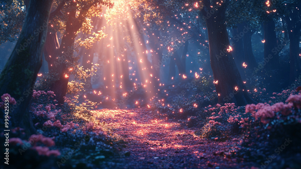 Enchanting forest path illuminated by soft light and surrounded by blooming flowers at dusk Enchanting forest path illuminated by soft light and surrounded by blooming flowers at dusk