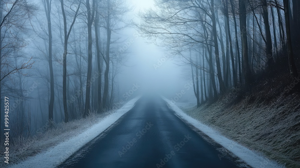 A narrow road cutting through a foggy winter forest, with bare trees on either side, their branches dusted in frost, creating an eerie yet peaceful atmosphere