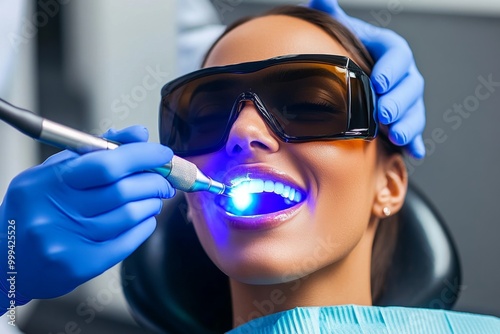 Futuristic dental tools using laser technology, where the dentist repairs teeth with light-based instruments that create a seamless, painless experience photo