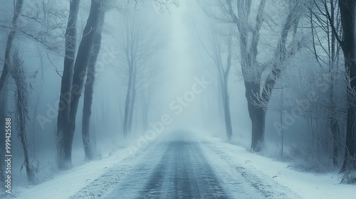 A narrow road cutting through a foggy winter forest, with bare trees on either side, their branches dusted in frost, creating an eerie yet peaceful atmosphere photo