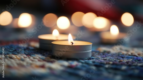 Soft candlelight illuminates the space around the American flag, honoring those remembered in a moving memorial tribute at twilight photo