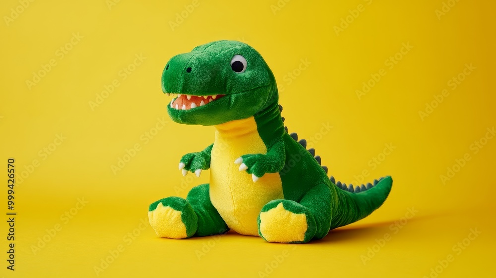 Playful Bright Green Dinosaur Plush on Yellow Background with Soft Shadow Playful Bright Green Dinosaur Plush on Yellow Background with Soft Shadow