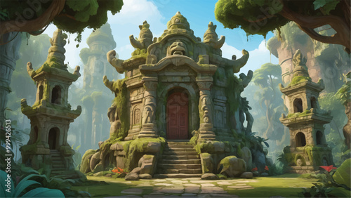 Whimsical Cartoon Ancient Temple with Vibrant Walls and Mythical Statue