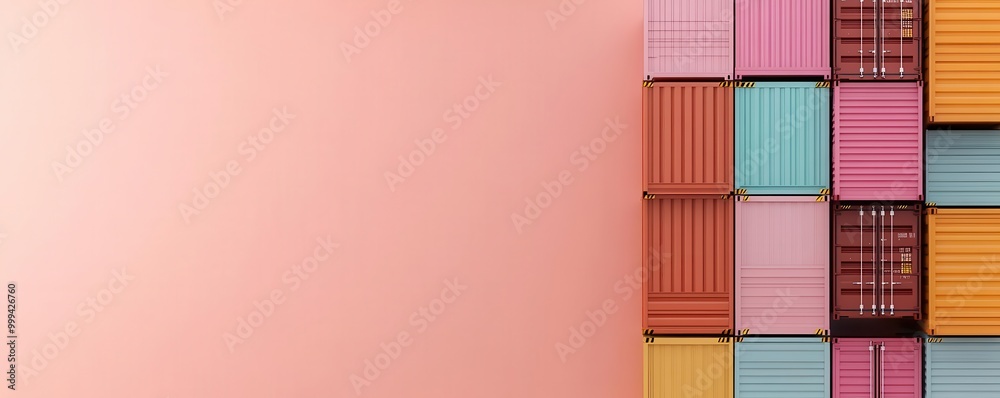 Obraz premium A vibrant arrangement of colorful shipping containers against a soft pink background, perfect for logistics and transport themes.