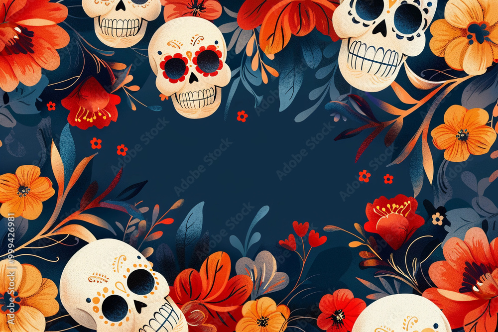Beautiful greeting card with bright holiday composition for happy to joy celebrate dia de muertos Beautiful greeting card with bright holiday composition for happy to joy celebrate dia de muertos