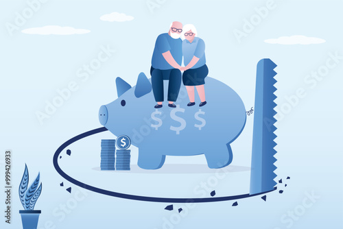 Piggy bank being sawed underneath floor to steal money or retirement savings. Elderly people with financial mistake, investment risk management, money loss