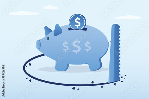 Piggy bank being sawed underneath the floor to steal money. Financial mistake, investment risk management, money loss in economic crisis or robbery and fraud concept. Loss savings.