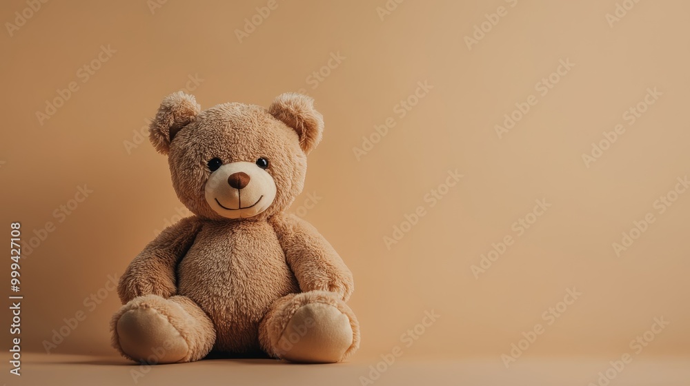 Adorable Brown Bear Plush Toy Sitting on Warm-toned Background with Minimal Shadows Adorable Brown Bear Plush Toy Sitting on Warm-toned Background with Minimal Shadows
