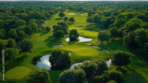 Aerial view of a lush green golf course surrounded by trees and water, showcasing the beauty of nature and outdoor recreation.