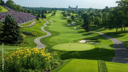 Wallpaper Mural Scenic view of a lush golf course with vibrant greens, pathways, and a clear blue sky showcasing an ideal golfing environment. Torontodigital.ca