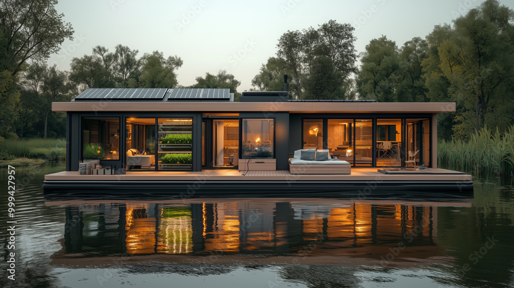 Obraz premium Self-sustaining houseboats with integrated aquaponics and solar energy systems