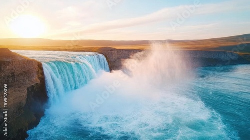 A stunning waterfall under a vibrant sunset, showcasing the beauty of nature and flowing water in a serene landscape.