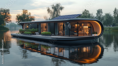 Self-sustaining houseboats with integrated aquaponics and solar energy systems