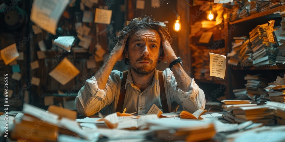 Overwhelmed Man in a Messy Office Overwhelmed Man in a Messy Office