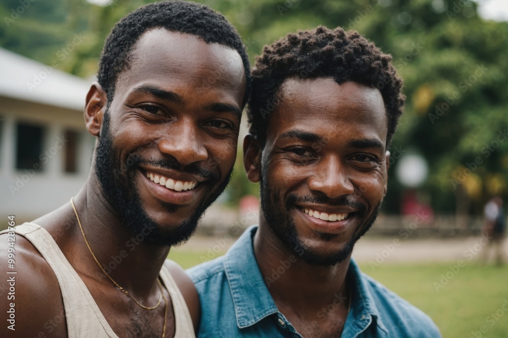 Close portrait of a smiling young Antiguan and Barbudan man looking at the camera, Antiguan and Barbudan outdoors blurred background Close portrait of a smiling young Antiguan and Barbudan man looking at the camera, Antiguan and Barbudan outdoors blurred background