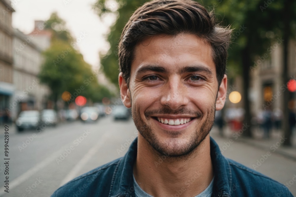 Close portrait of a smiling young Argentine man looking at the camera, Argentine outdoors blurred background Close portrait of a smiling young Argentine man looking at the camera, Argentine outdoors blurred background