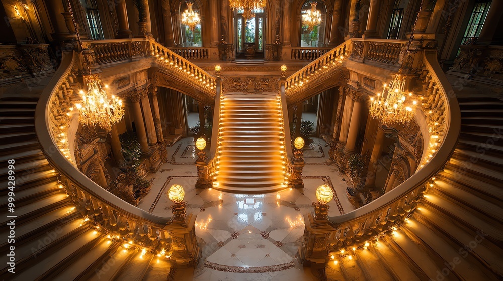 Obraz premium View from above of grand staircase in a luxury building with intricate details, ornate railings, and glowing lights.