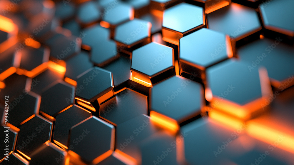 Close-up view of a hexagonal metallic pattern illuminated by orange light in a dark environment Close-up view of a hexagonal metallic pattern illuminated by orange light in a dark environment