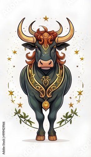 Majestic Bull Illustration with Golden Accents , Generate AI