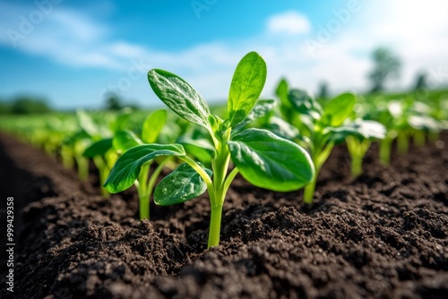 Young plants growing in rows on a large farm, with a focus on the green sprouts pushing through the soil, symbolizing growth and new life in agriculture