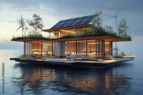 Luxury floating hotels featuring solar panels and wind turbines for sustainable energy