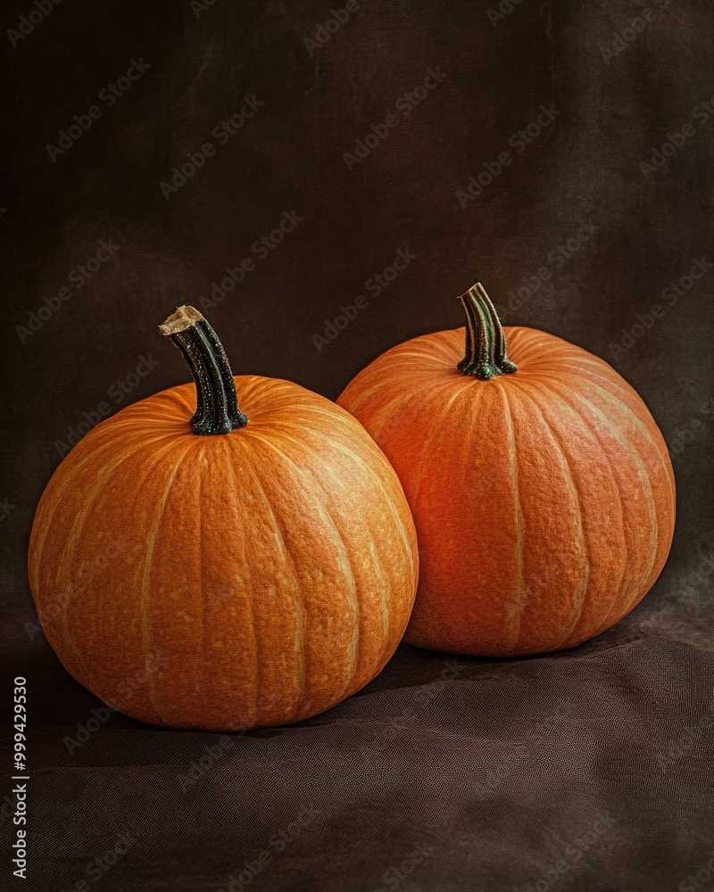 Two Orange Pumpkins on a Dark Background Two Orange Pumpkins on a Dark Background