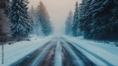 A quiet country road through a forest of evergreen trees in winter, the road surface hidden beneath a thick blanket of snow, leading into the mist-covered distance