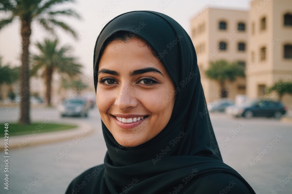 Close portrait of a smiling young Bahraini woman looking at the camera, Bahraini outdoors blurred background