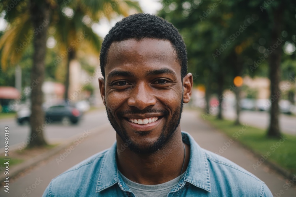 Close portrait of a smiling young Barbadian man looking at the camera, Barbadian outdoors blurred background Close portrait of a smiling young Barbadian man looking at the camera, Barbadian outdoors blurred background