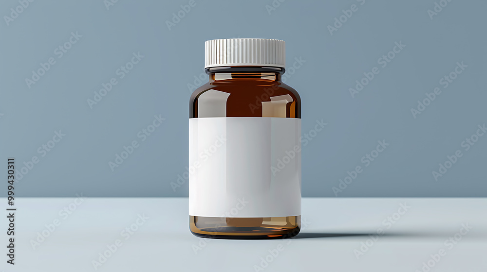 A brown glass bottle with a white label and white lid sits on a white surface against a blue background.