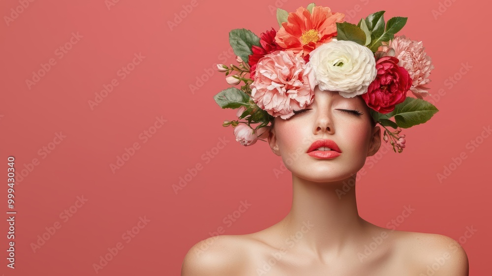 A serene portrait of a woman adorned with a vibrant floral crown, exuding beauty and elegance against a soft pink background. A serene portrait of a woman adorned with a vibrant floral crown, exuding beauty and elegance against a soft pink background.